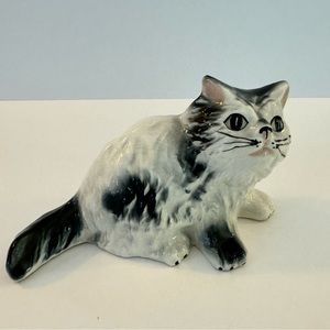 Vintage Ceramic Black and White Hand-Painted Cat Figurine (1940s)